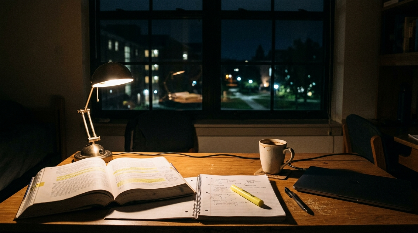 A dorm room desk late at night lit by a single desk lamp, with an open textbook, notebook, highlighter and coffee mug