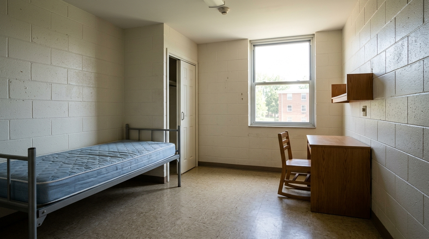 An empty college dorm room with a bare mattress on a metal frame, wooden desk and chair, and cinder block walls