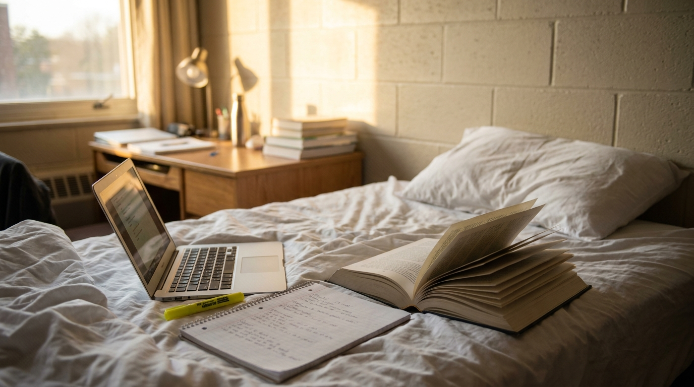 Open laptop, notebook and textbook resting on an unmade bed in a small college dorm room with afternoon light