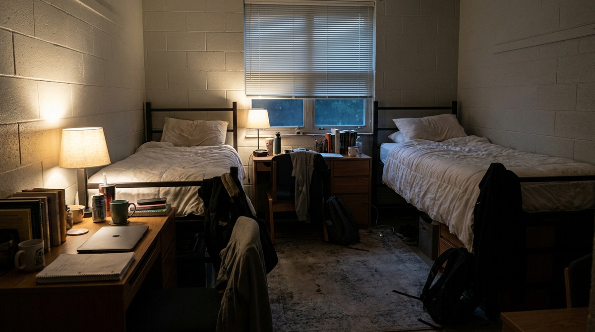 Dim shared college dorm room at night with two beds, a glowing desk lamp, and light coming through window blinds