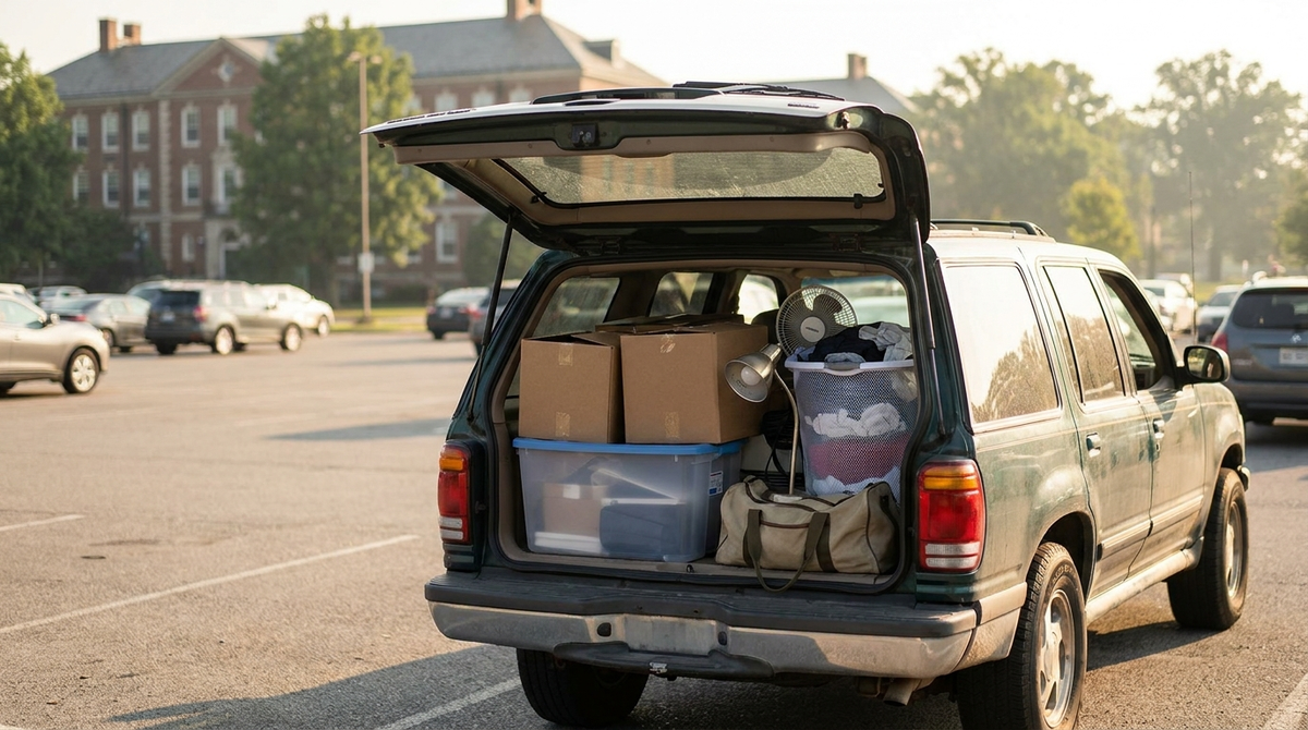 Overpacked SUV trunk with boxes, a storage bin, laundry hamper and fan in a college parking lot on dorm move-in day