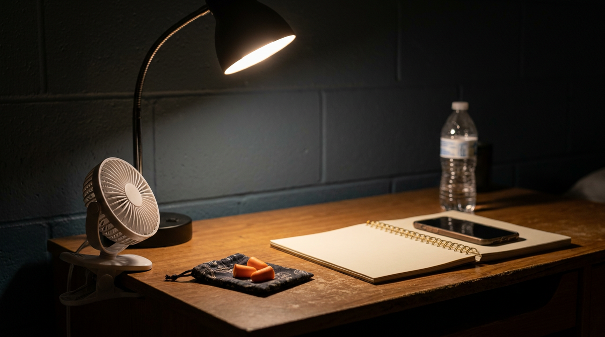 A dorm room desk at night lit by a small lamp, with foam earplugs, a clip-on fan, a notebook, and a phone
