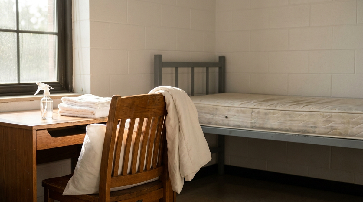 Bright college dorm room with a bare twin mattress, white bedding airing over a desk chair, folded towels and a spray bottle on the desk