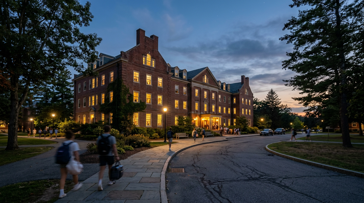 College residence hall at dusk during move-in week, with lit dorm windows and students walking along a campus path
