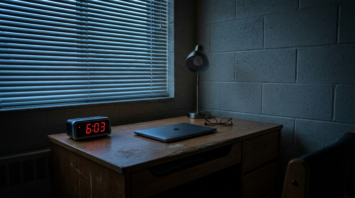 A digital alarm clock reading 6:03 glowing on a dorm room desk in the dark before sunrise
