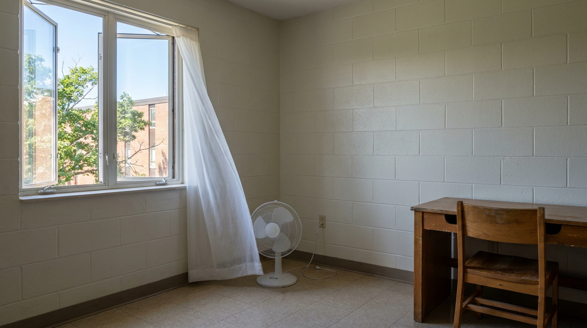 Empty dorm room with a wide-open window, sheer curtain blowing in the breeze, and a small floor fan running to ventilate the room