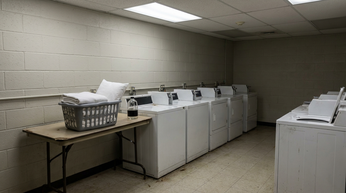 Empty college dorm laundry room at night with coin-operated washers and dryers and a laundry basket of plain white linens