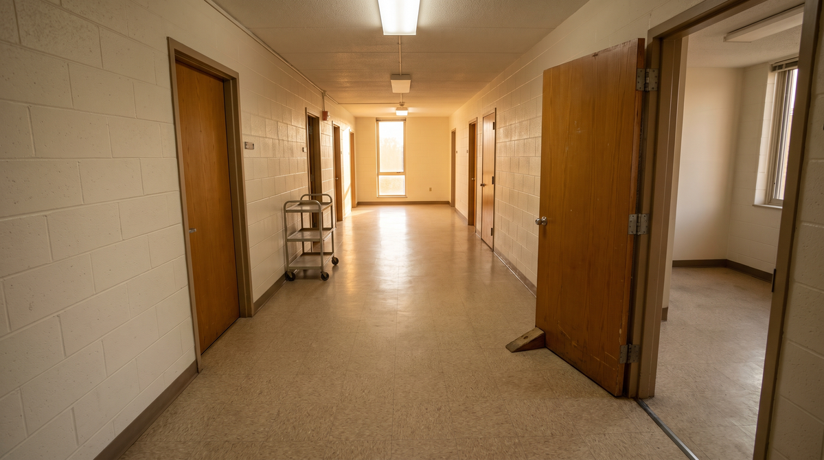 Empty college residence hall corridor on move-in day with a propped-open dorm room door and an empty rolling cart