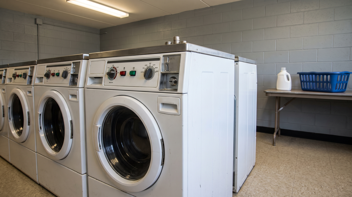 A row of white coin-operated washing machines in a college dorm laundry room, with a detergent bottle and a blue laundry basket on a folding table