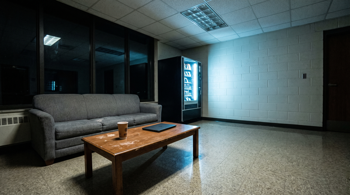 Empty college dorm common lounge late at night with a grey couch, coffee table and glowing vending machine