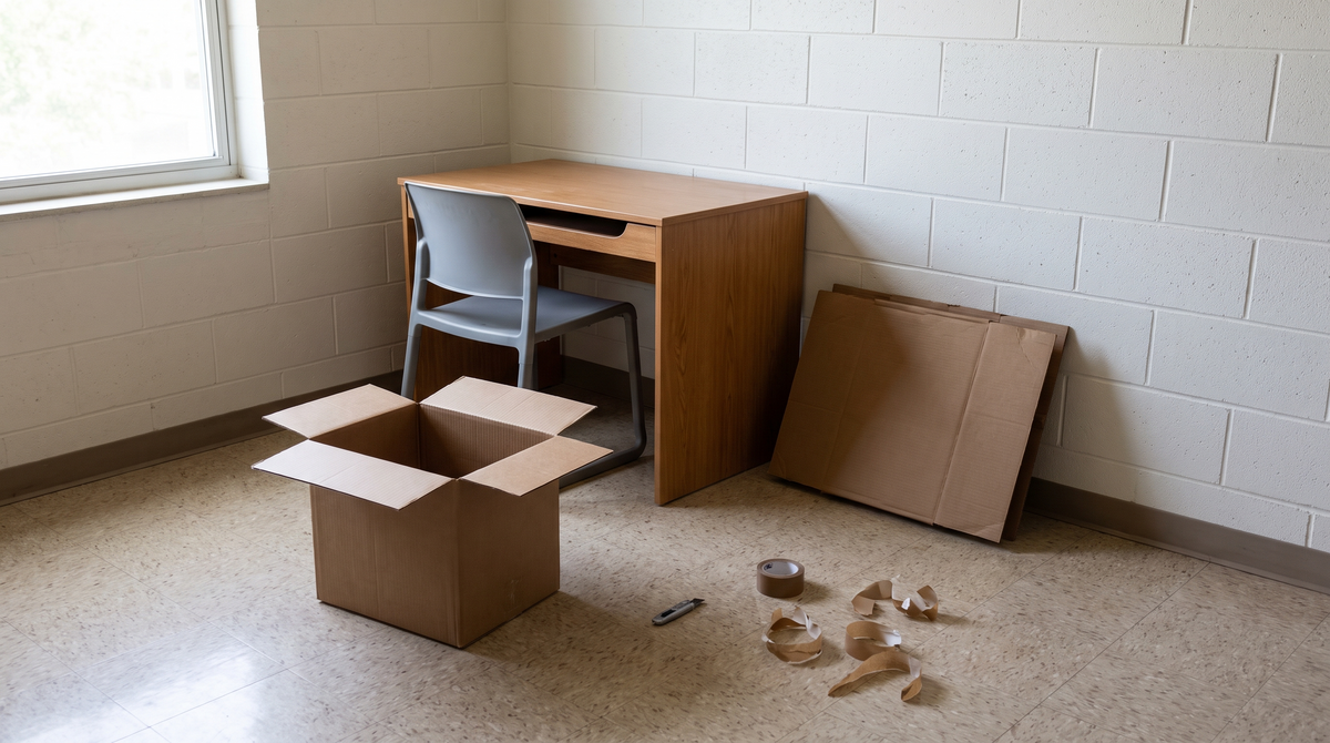 An empty dorm room mid-unpacking with an open cardboard shipping box, flattened boxes, packing tape and a box cutter on the tile floor