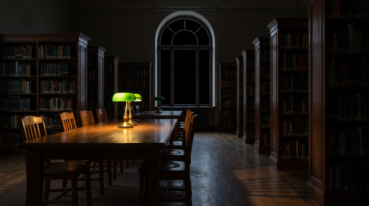 Empty university library study room at night with a long wooden table and a single lit desk lamp