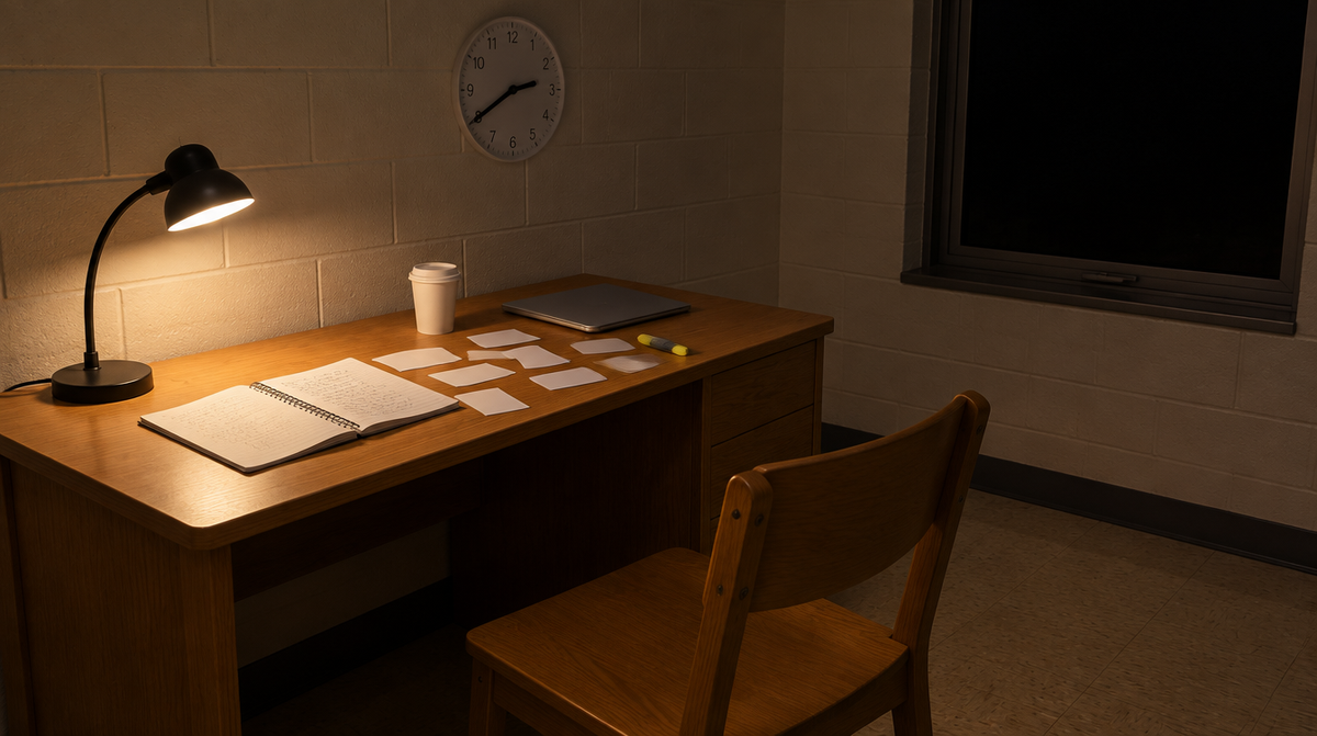 An empty dorm room desk late at night with a lamp on, an open notebook, scattered index cards and a wall clock reading 2:40