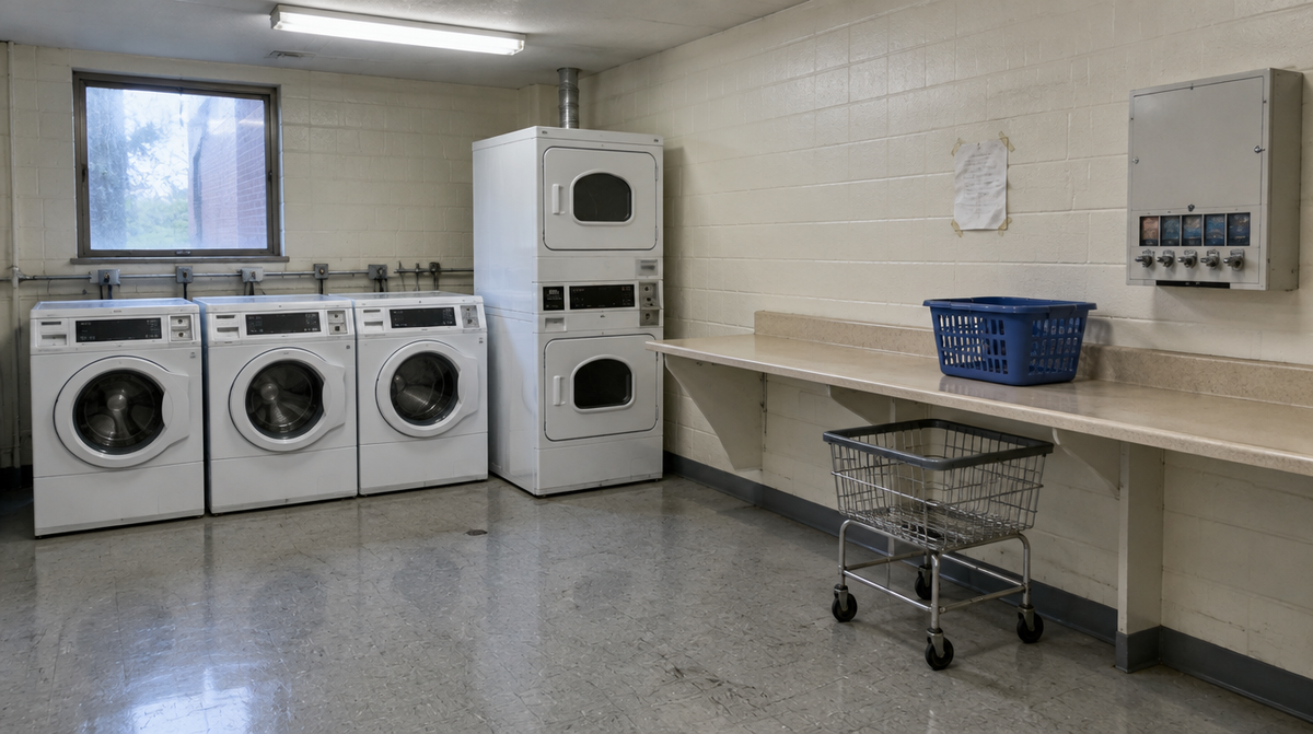 Empty college dorm laundry room with front-loading washers, stacked dryers, a folding counter and a blue laundry basket