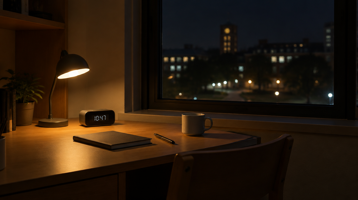 Dim dorm room desk at night with a small lamp, a plain alarm clock, a notebook and a mug