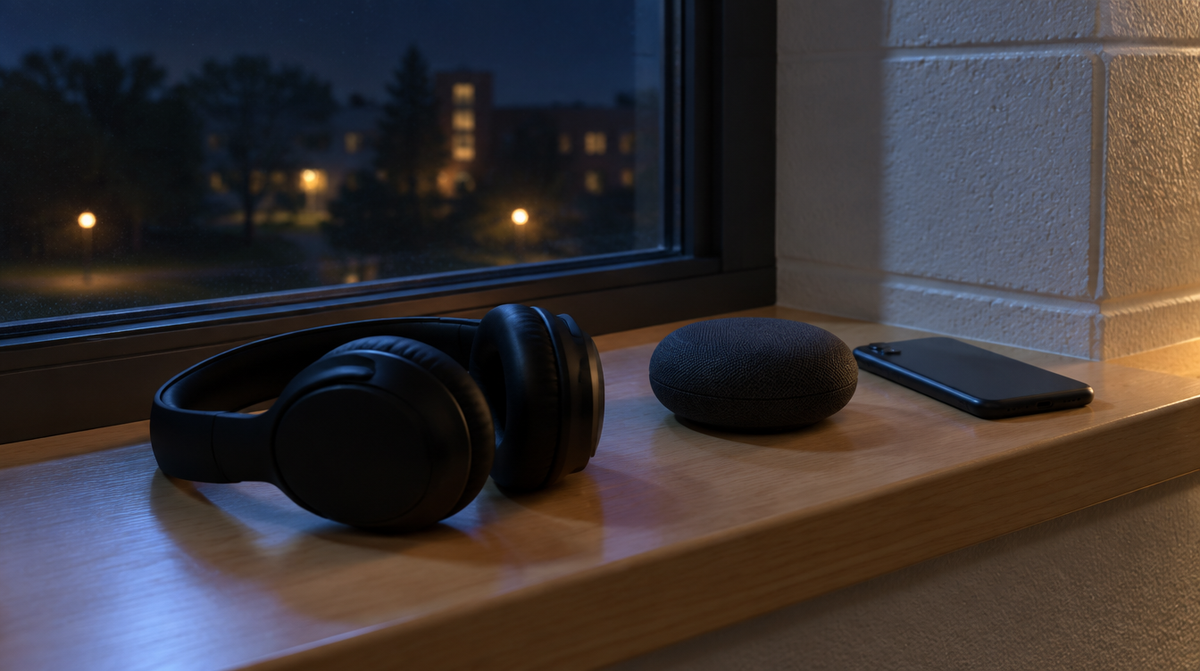Over-ear headphones, a small bluetooth speaker and a face-down phone on a dorm room windowsill at night