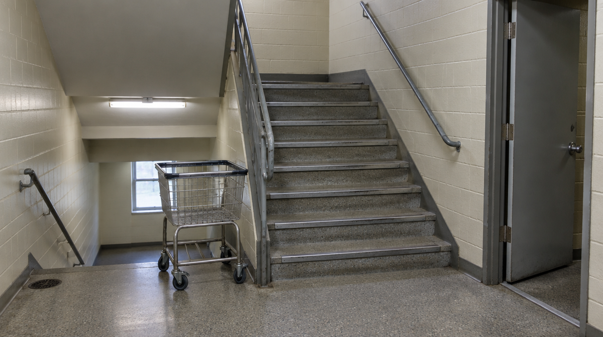Empty residence hall stairwell with a wire rolling laundry cart parked at the bottom of the stairs