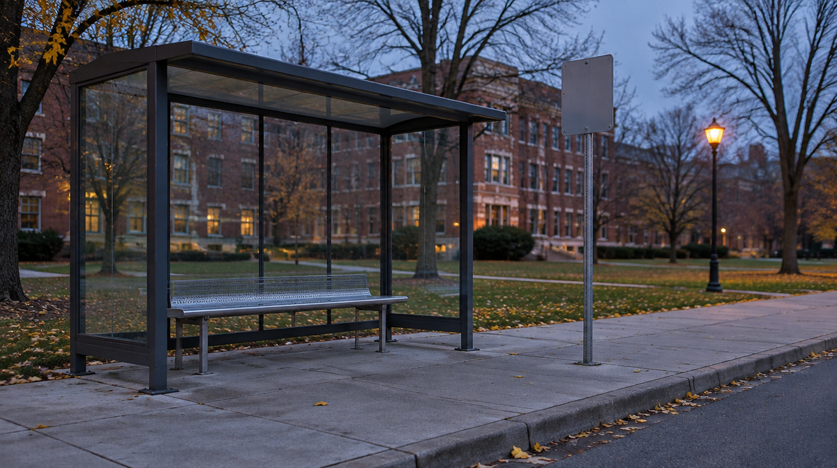 Empty campus bus stop shelter with a bare bench on a university street at dusk in autumn