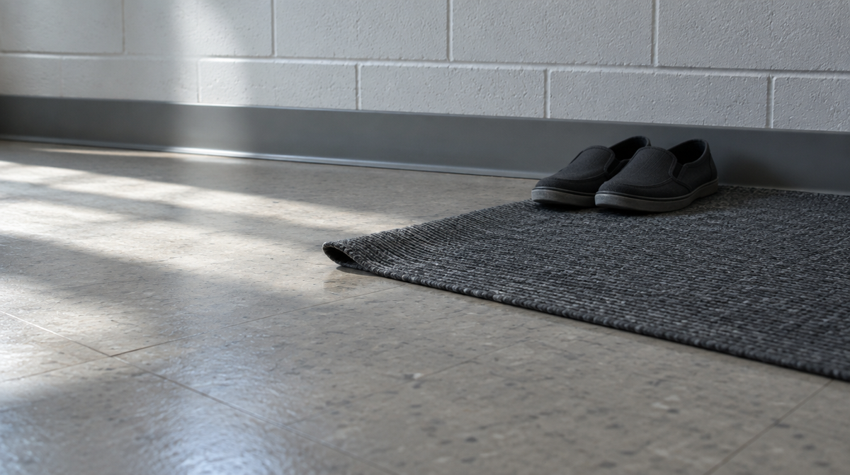 A small flat-woven grey rug and a pair of plain slip-on shoes on a bare vinyl tile floor beside a painted cinder-block dorm room wall
