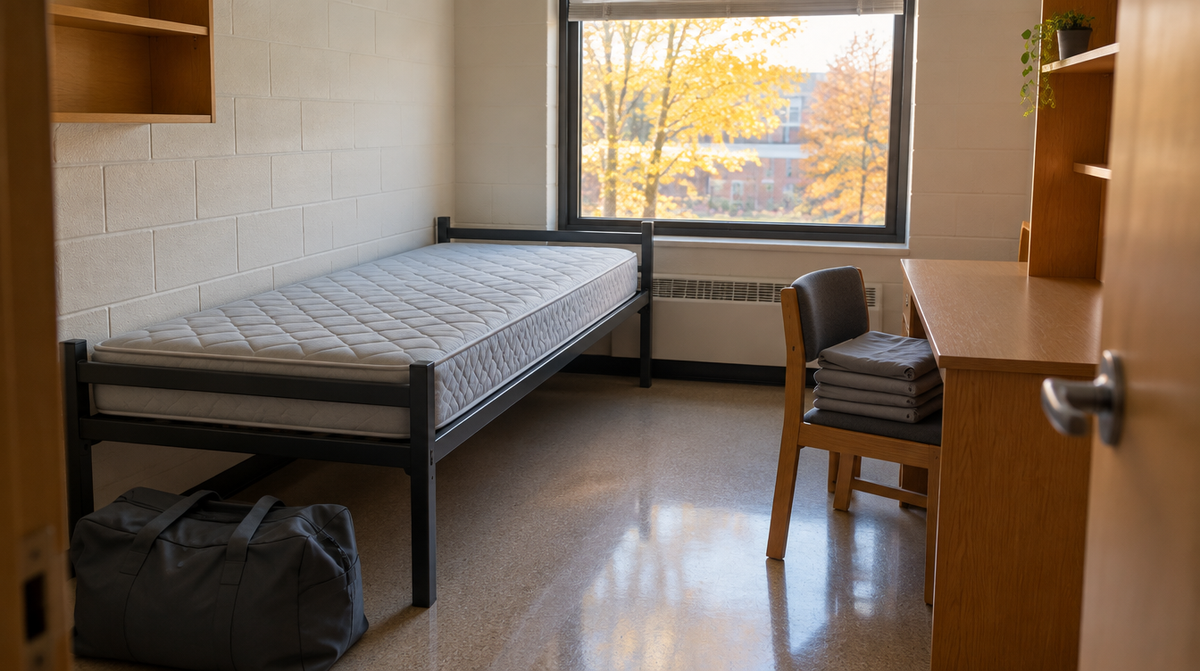 Empty dorm room before fall break with a stripped twin bed, folded sheets on the desk chair, a packed duffel bag, and autumn leaves outside the window
