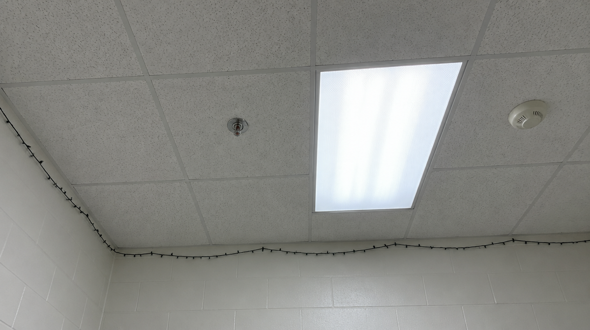 Dorm room ceiling at night seen from the bed, overhead fluorescent panel light switched on