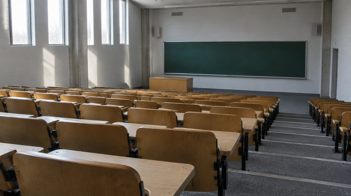 Empty university lecture hall with tiered rows of wooden tablet-arm seats, a blank chalkboard and pale morning light from high windows