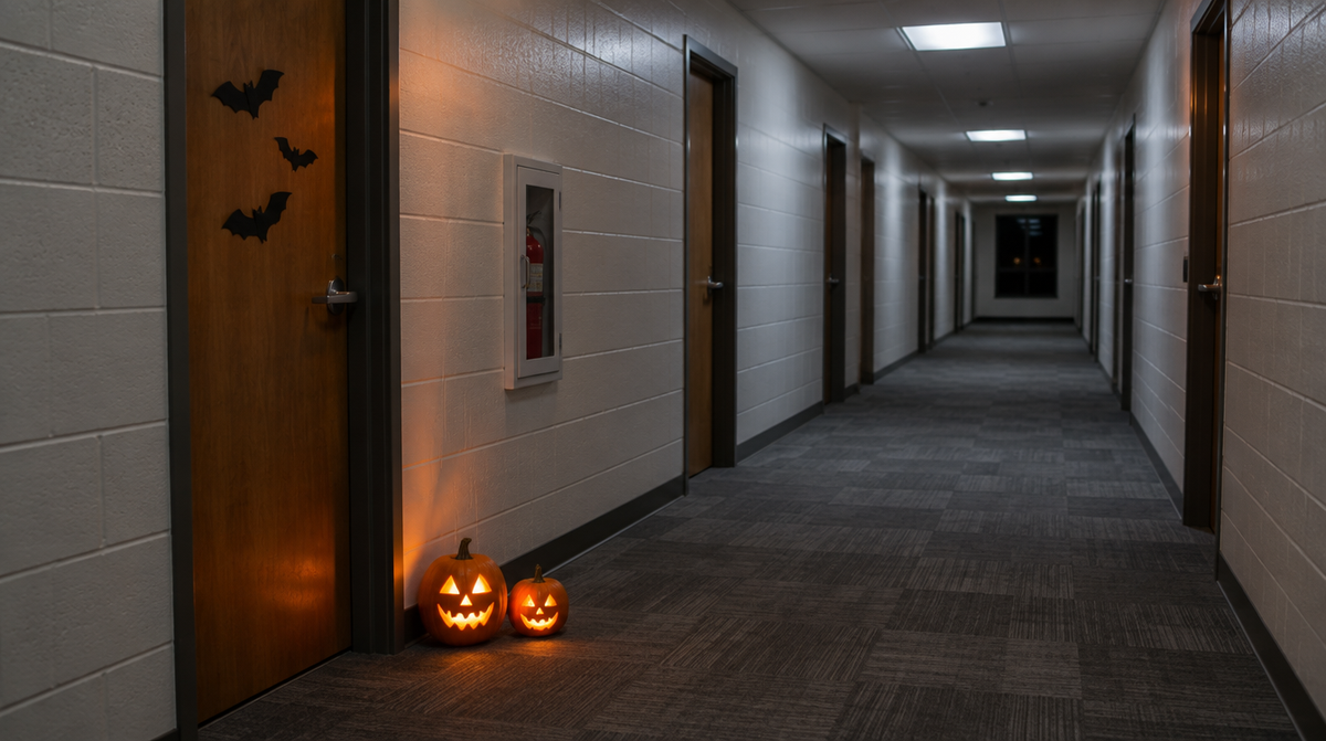 Empty college residence hall corridor at night with two lit carved jack-o-lanterns beside a dorm room door
