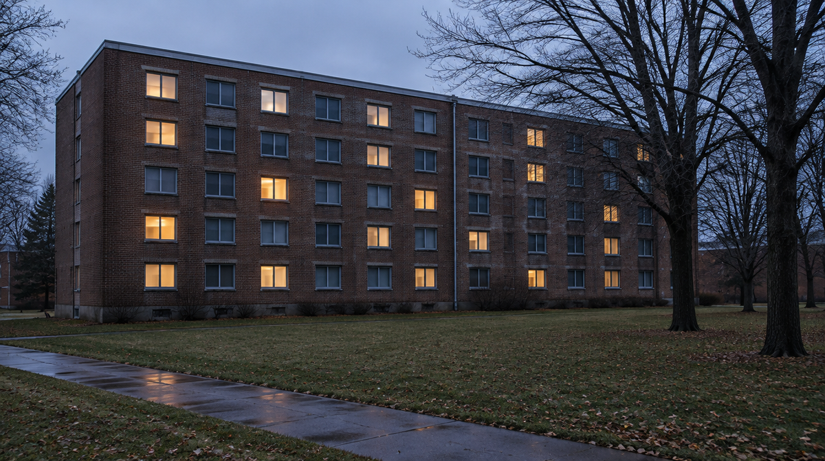College residence hall exterior at dusk in late autumn, rows of windows with about half lit from inside and bare trees in the foreground