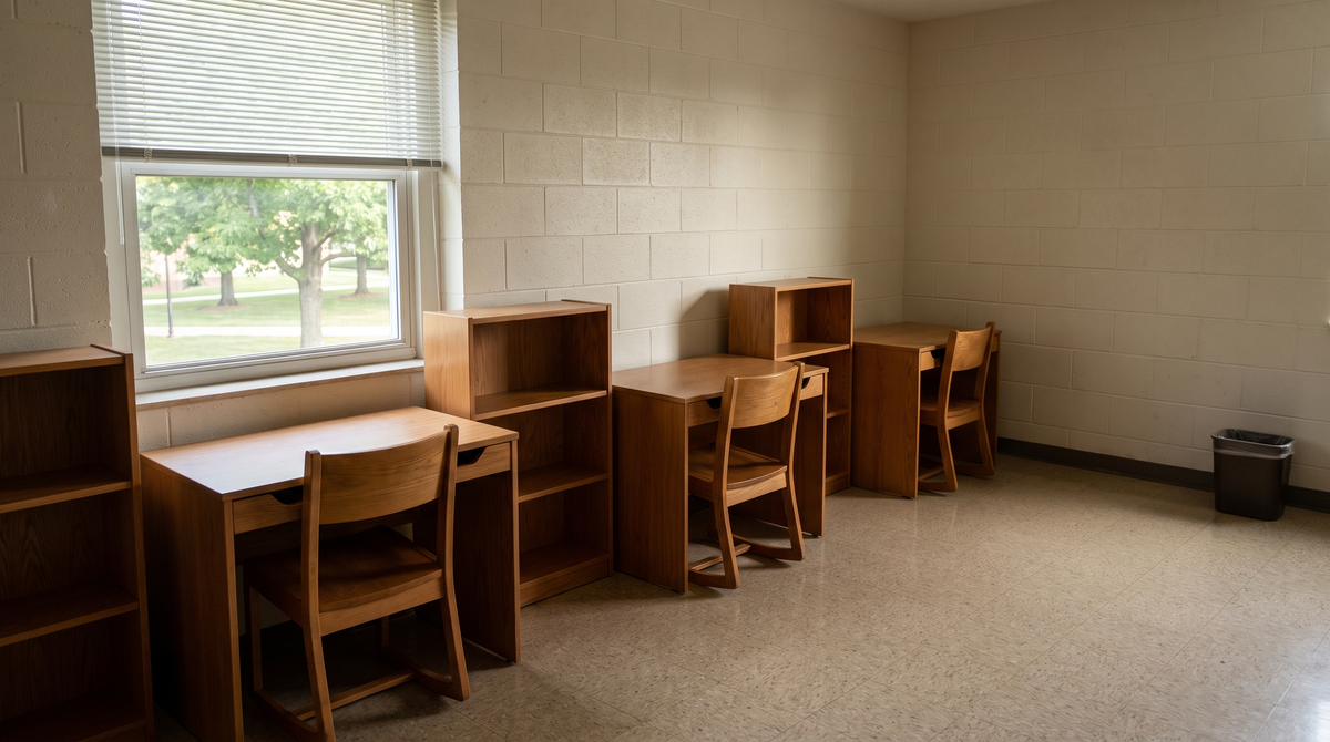 Empty college dorm room set up as a triple, with three wooden desks, chairs, and bookshelves against cinder-block walls